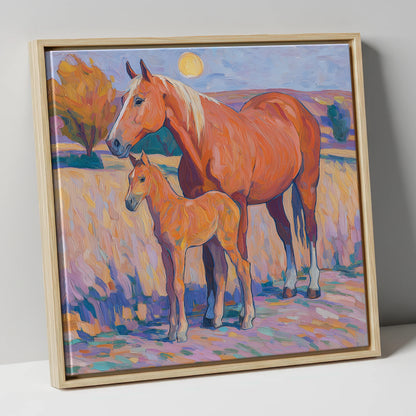 Radiant Chestnut Bond mare & foal canvas wall art in natural frame