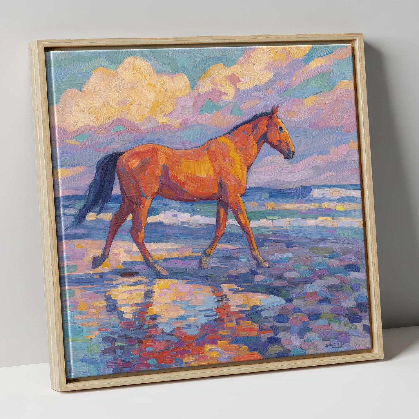 Vibrant Coastal Stroll horse landscape canvas wall art in natural frame