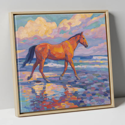Vibrant Coastal Stroll horse landscape canvas wall art in natural frame