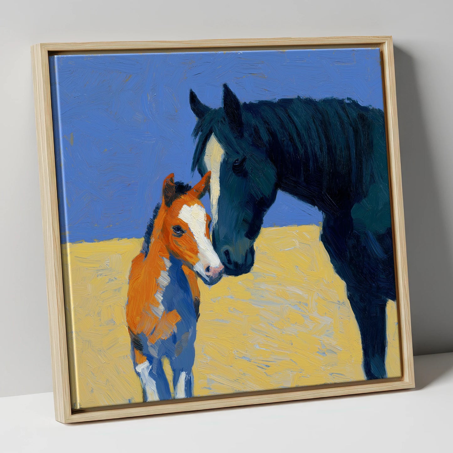 Sun-Drenched Bond mare & foal canvas wall art in natural frame