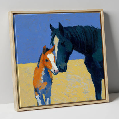 Sun-Drenched Bond mare & foal canvas wall art in natural frame