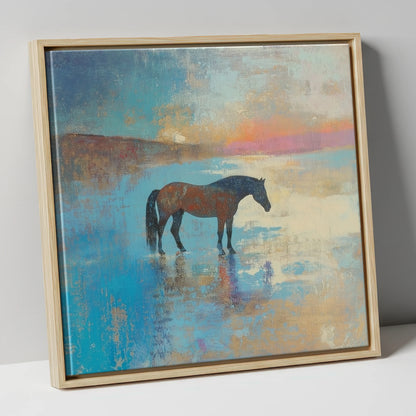 Silent Waters horse landscape canvas wall art in natural frame