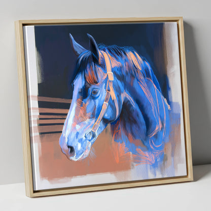 Serene Blue Profile horse portrait canvas wall art in natural frame