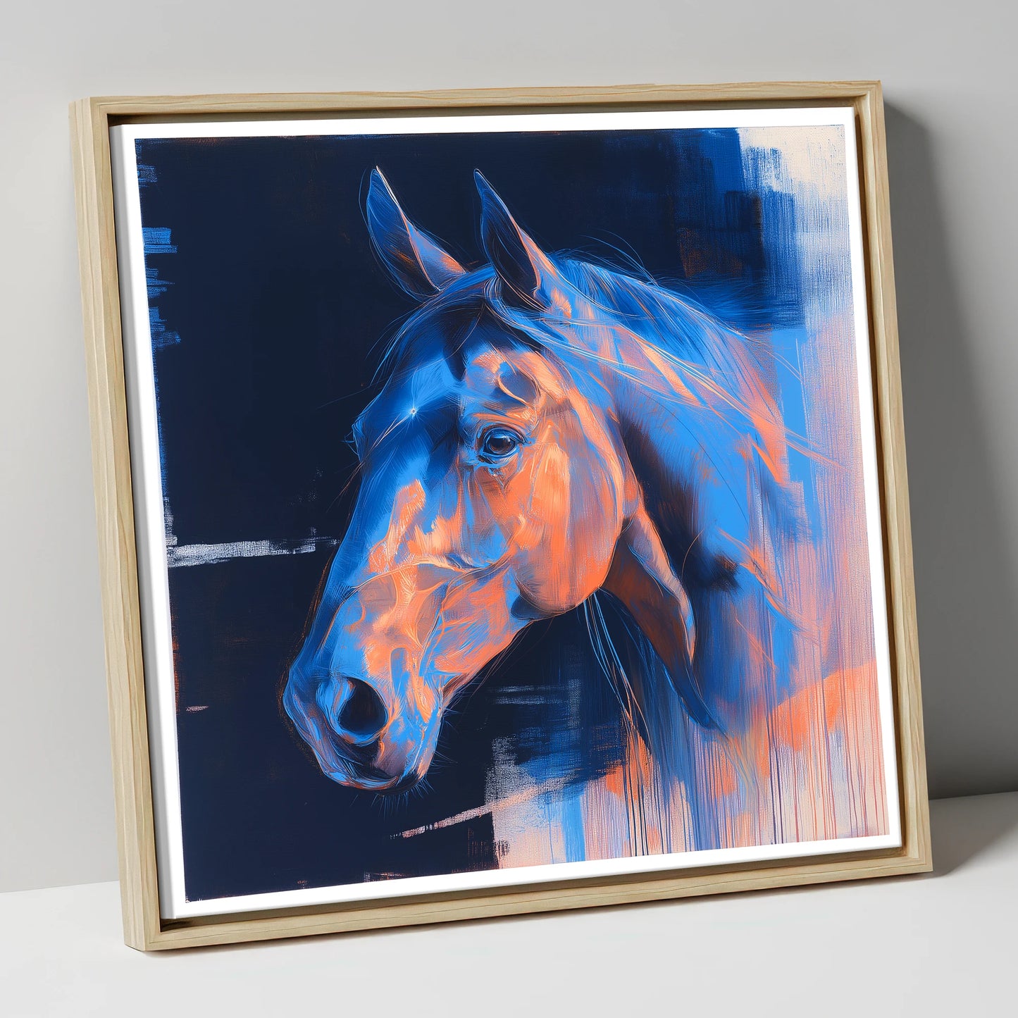 Cobalt and Copper Gaze horse portrait canvas wall art in natural frame