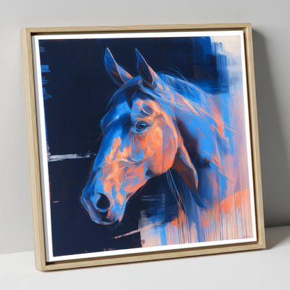 Cobalt and Copper Gaze horse portrait canvas wall art in natural frame