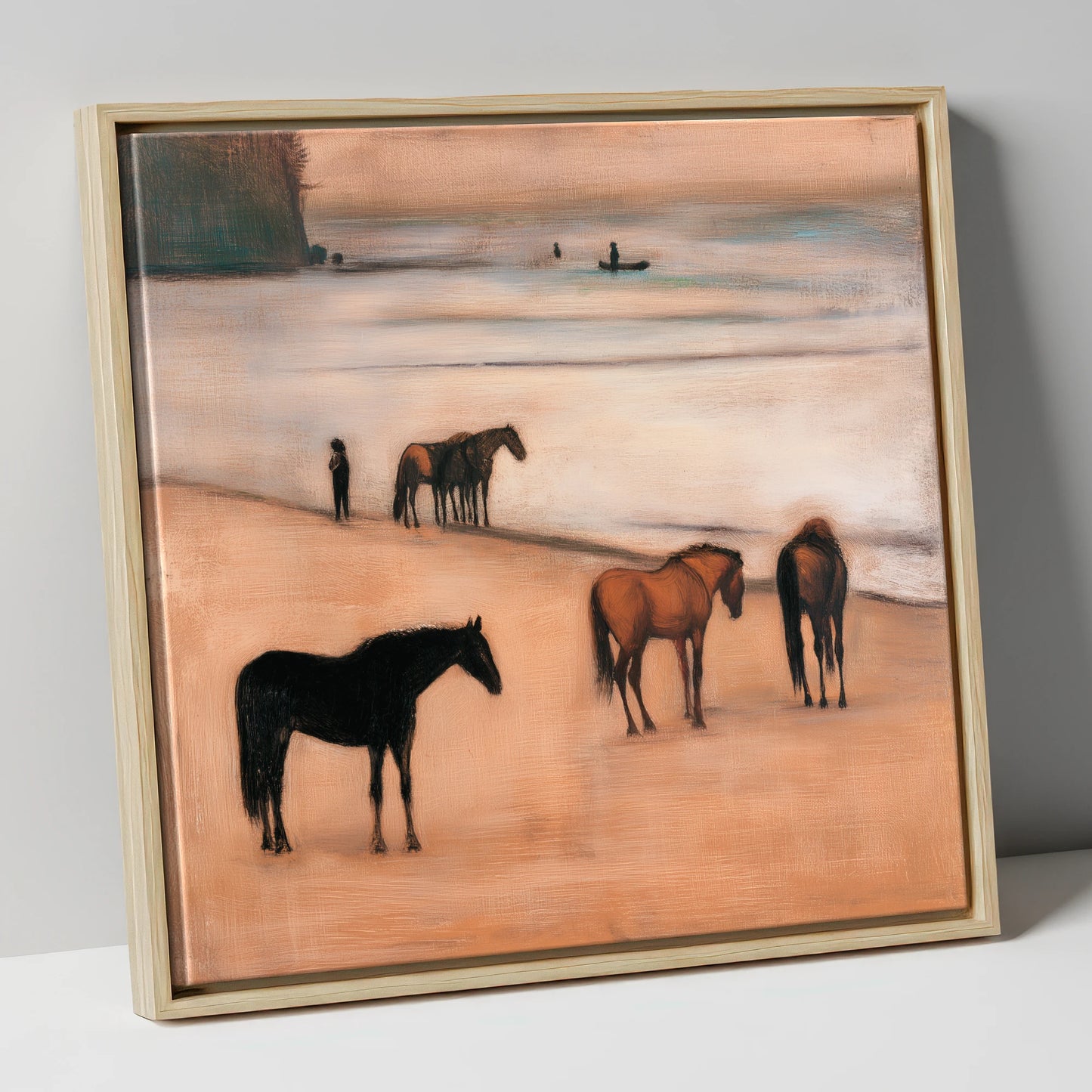 Serenity on the Sands horse landscape canvas wall art in natural frame