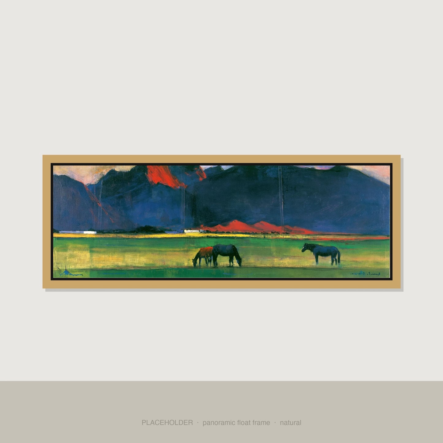 Vibrant Mountain Pasture Horse Landscape panoramic canvas wall art in natural float frame