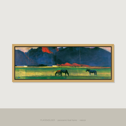 Vibrant Mountain Pasture Horse Landscape panoramic canvas wall art in natural float frame