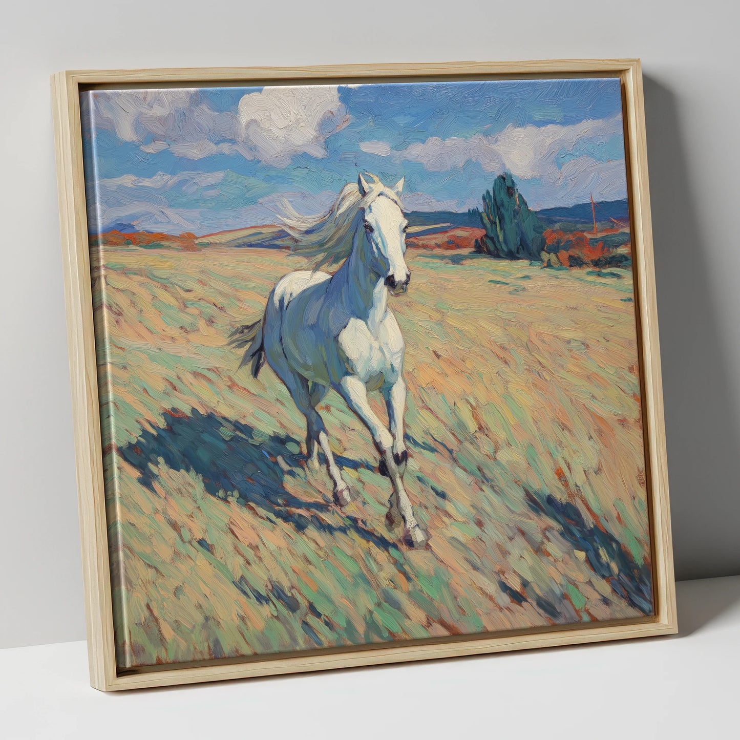 Sunlit Meadow Gallop wild horses canvas wall art in natural frame