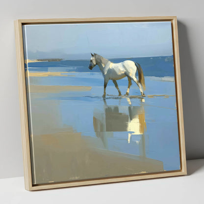 Shoreline Reflection horse landscape canvas wall art in natural frame