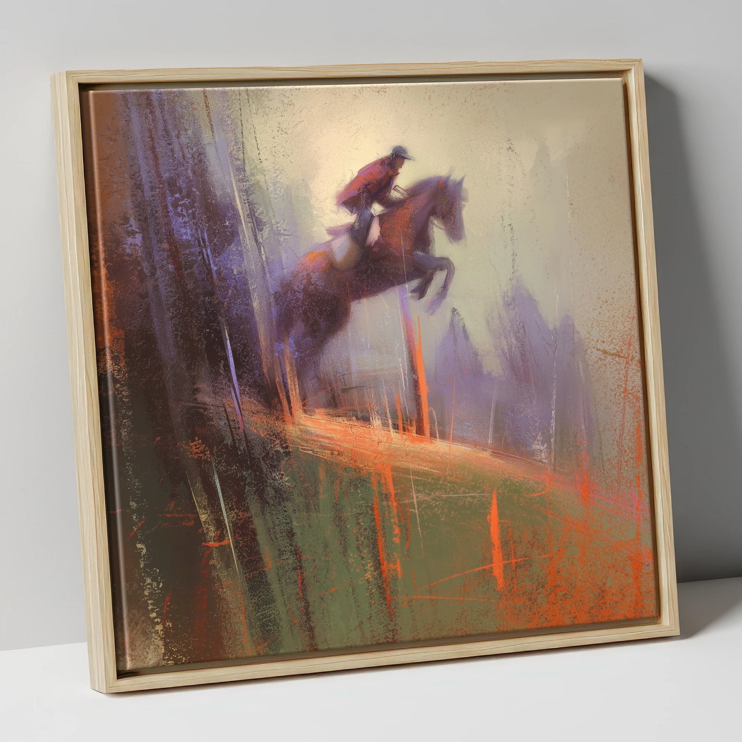 Flight Through the Haze show jumping horse canvas wall art in natural frame