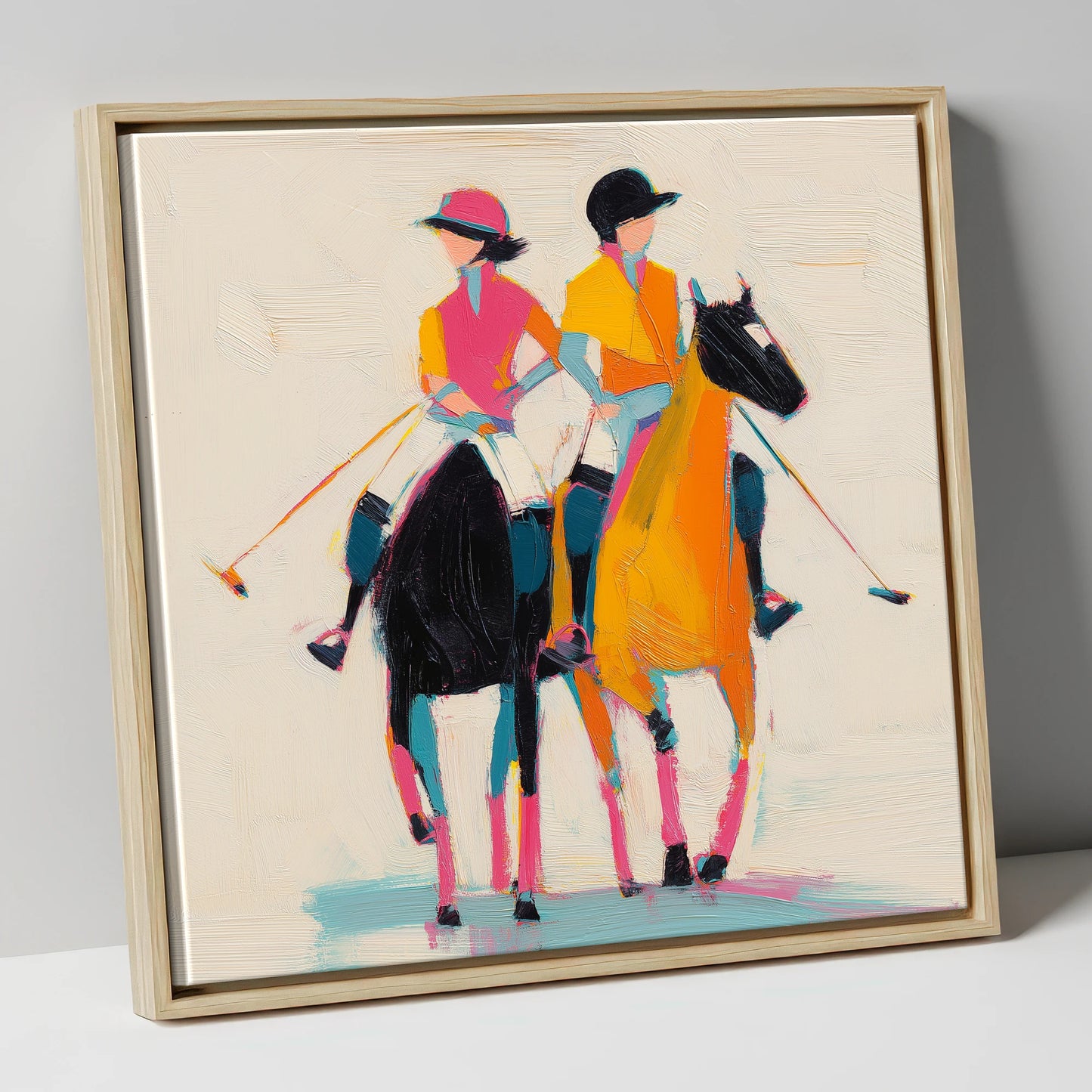 High Goal Hues polo horse canvas wall art in natural frame