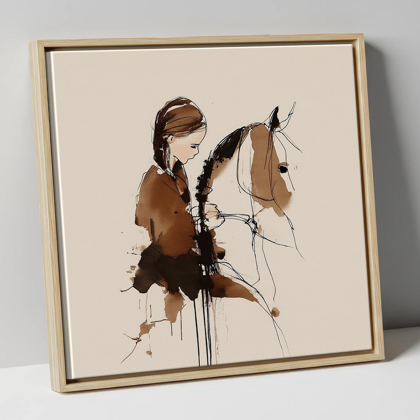 Quiet Bond horse & rider canvas wall art in natural frame