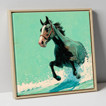 Sea Spray Gallop beach horse canvas wall art in natural frame