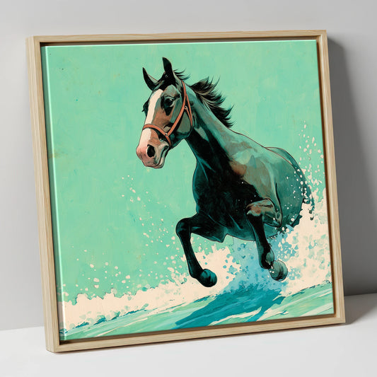Sea Spray Gallop beach horse canvas wall art in natural frame
