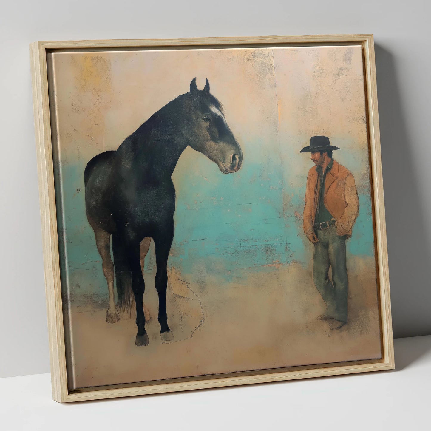 The Quiet Accord western horse canvas wall art in natural frame