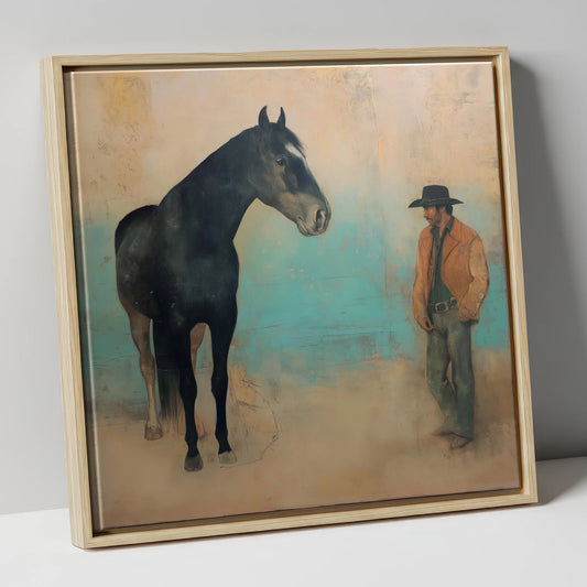 The Quiet Accord western horse canvas wall art in natural frame
