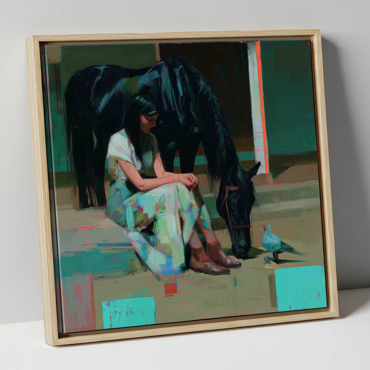 Stillness in the Yard horse & rider canvas wall art in natural frame