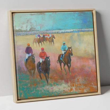 Silks Across the Furlong racing horse canvas wall art in natural frame