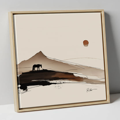 Solitude Beneath the Peak horse landscape canvas wall art in natural frame