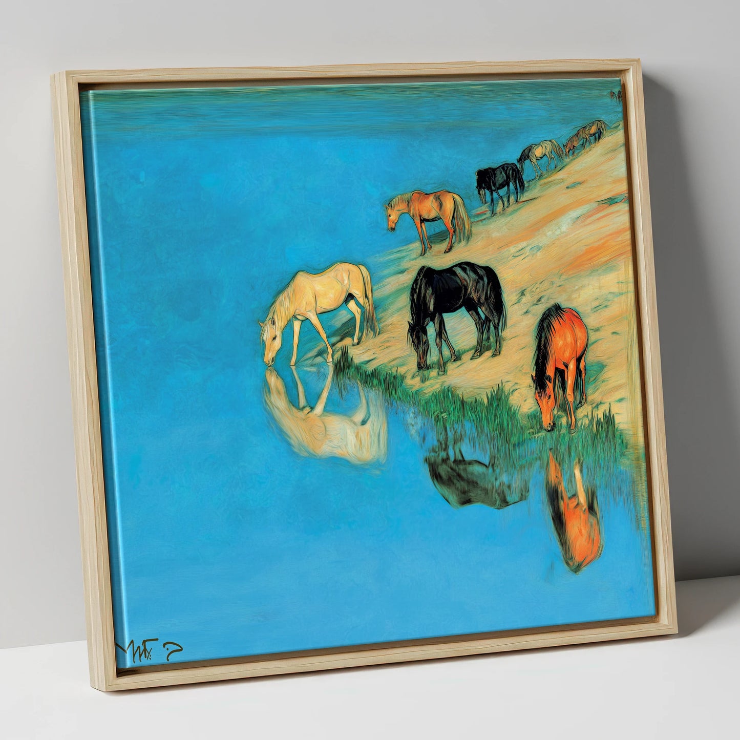 Azure Bank Reflections wild horses canvas wall art in natural frame