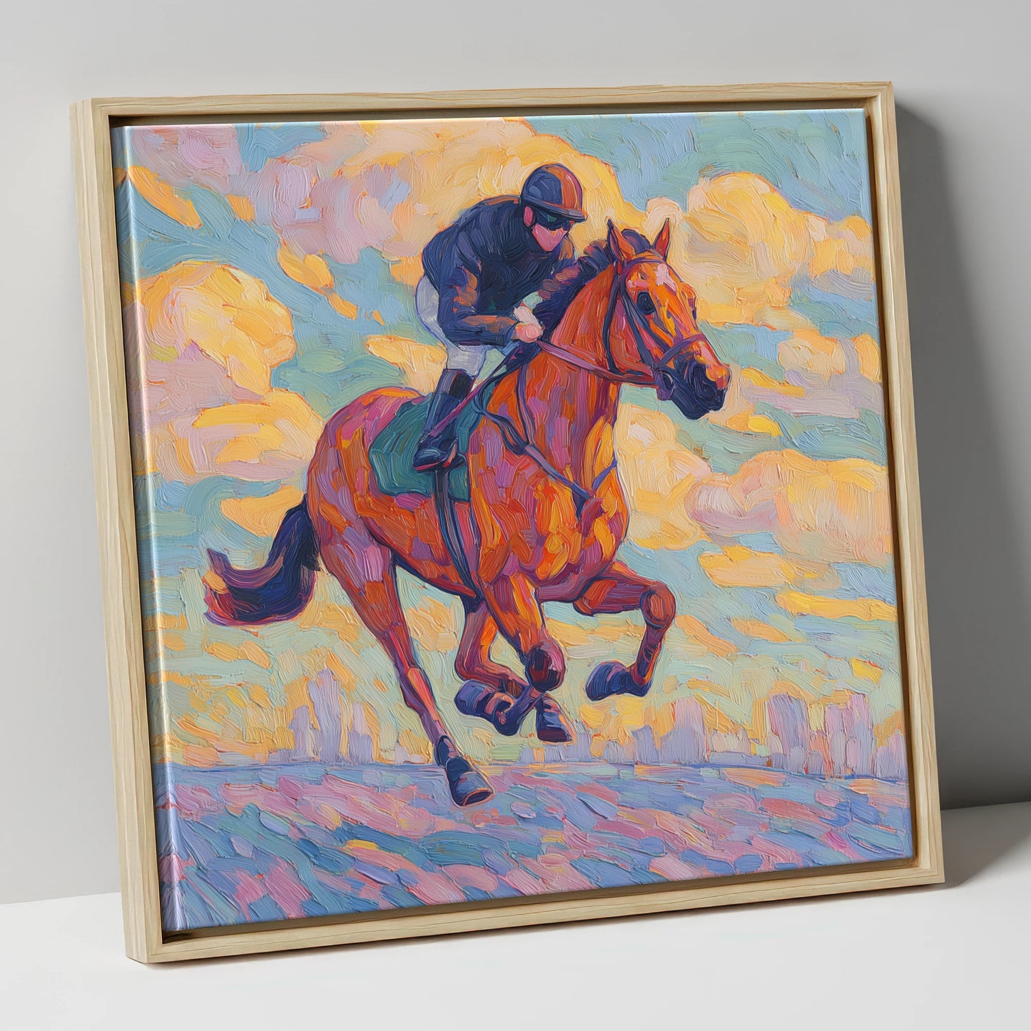 Technicolour Gallop racing horse canvas wall art in natural frame