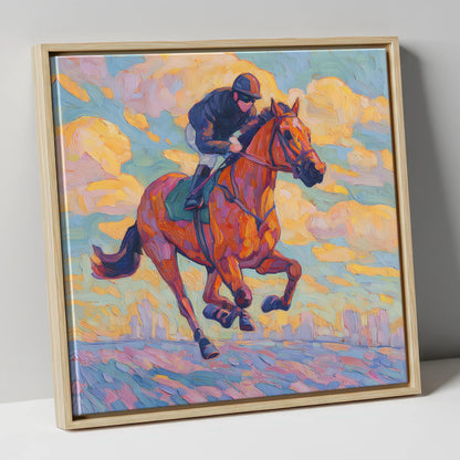 Technicolour Gallop racing horse canvas wall art in natural frame