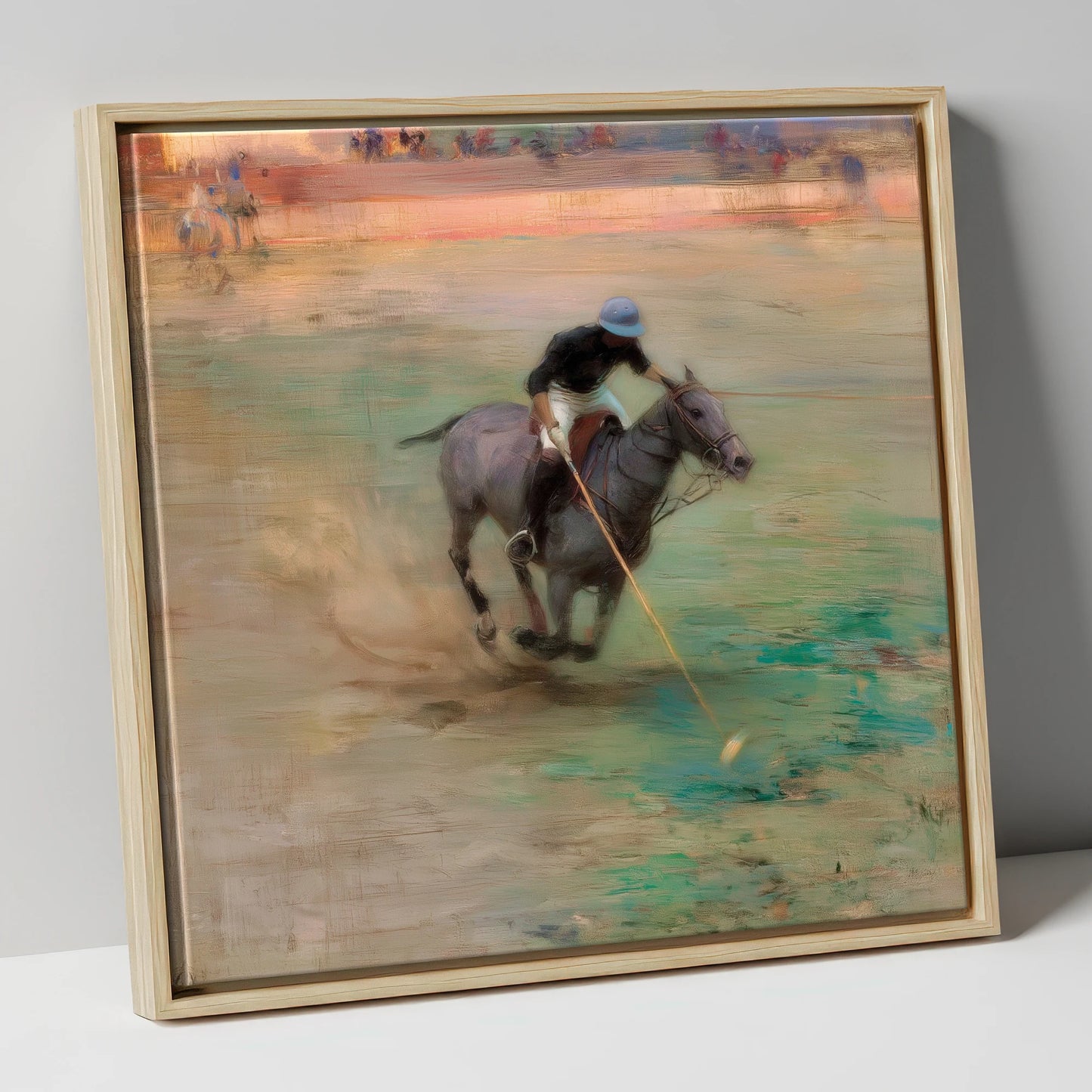 The Mid-Field Drive polo horse canvas wall art in natural frame