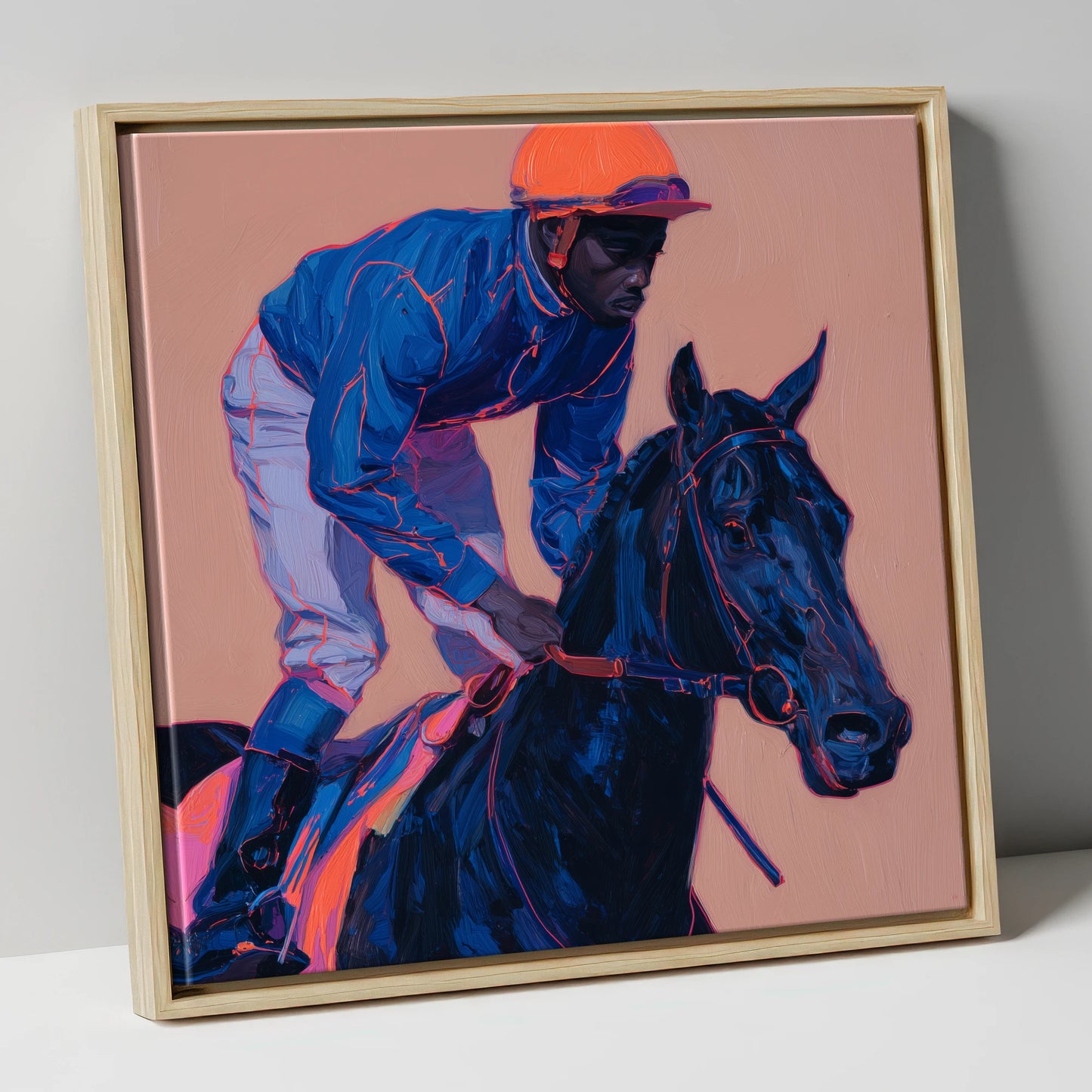 Indigo Charge racing horse canvas wall art in natural frame