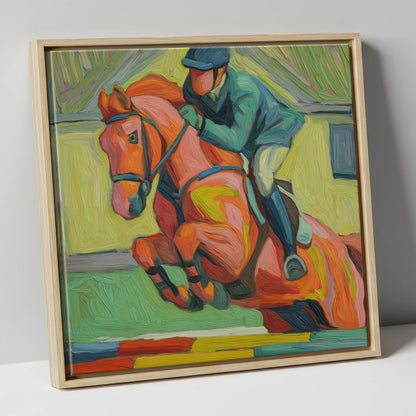 Clearing the Coloureds show jumping horse canvas wall art in natural frame
