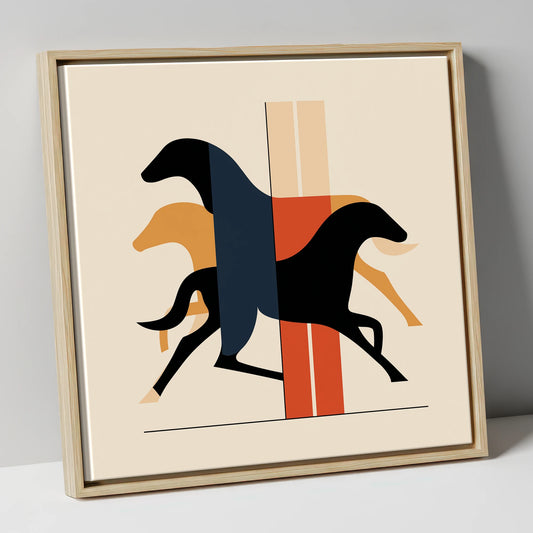 Geometric Gallop racing horse canvas wall art in natural frame