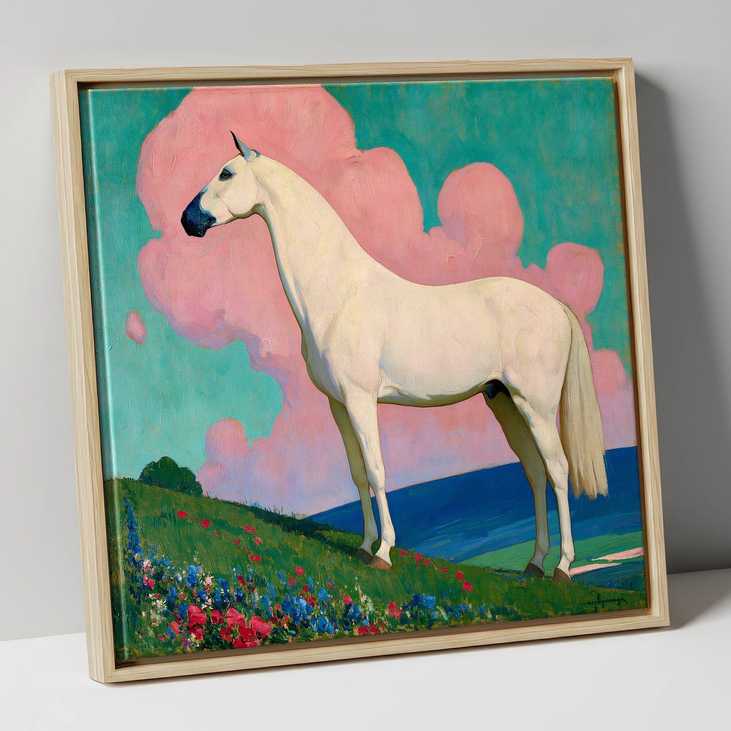 Ethereal White Horse horse art canvas wall art in natural frame