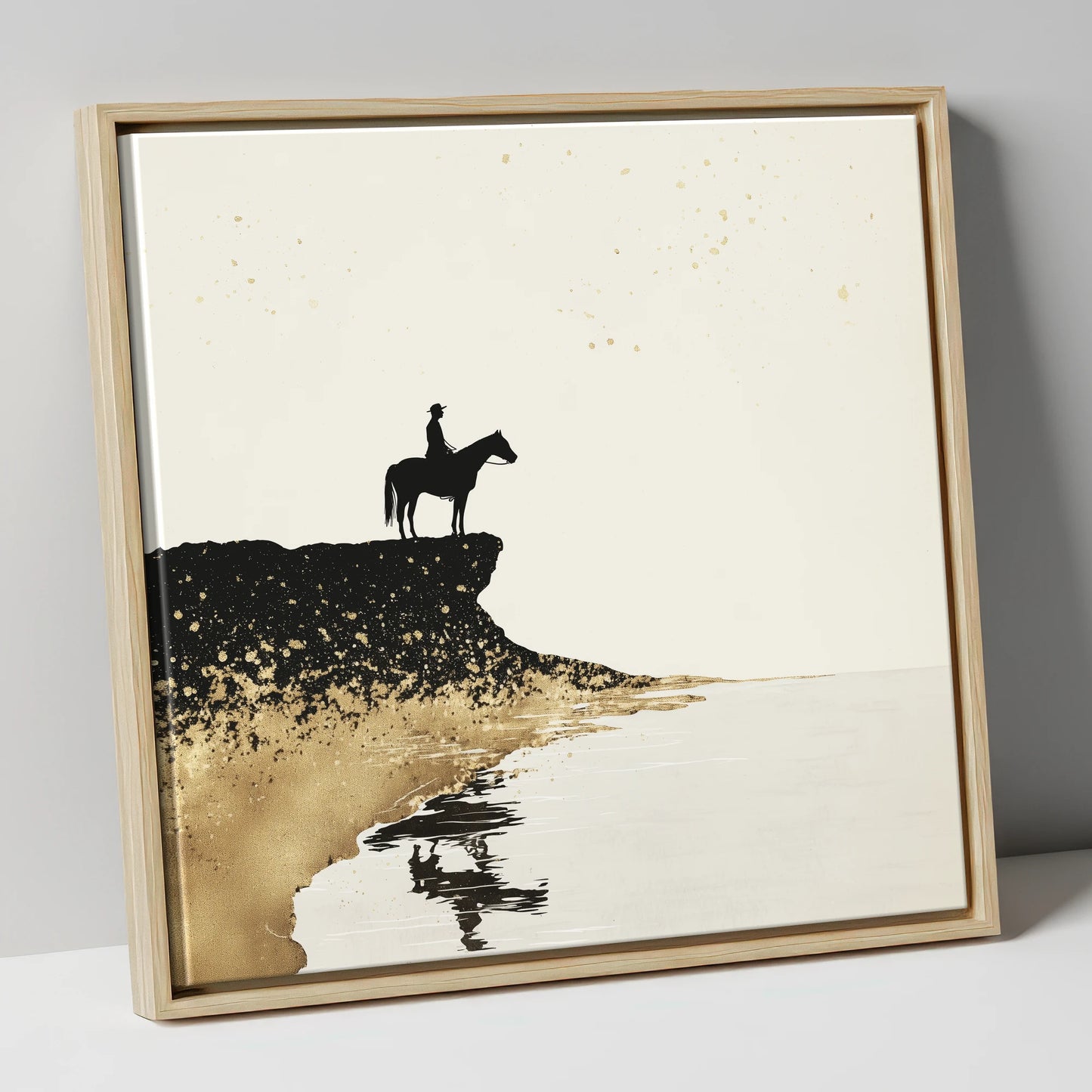 Golden Shores Silhouette beach horse canvas wall art in natural frame