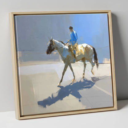 Morning in Blue Silks racing horse canvas wall art in natural frame
