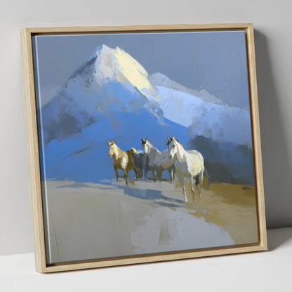 Sunlit Alpine Herd horse landscape canvas wall art in natural frame
