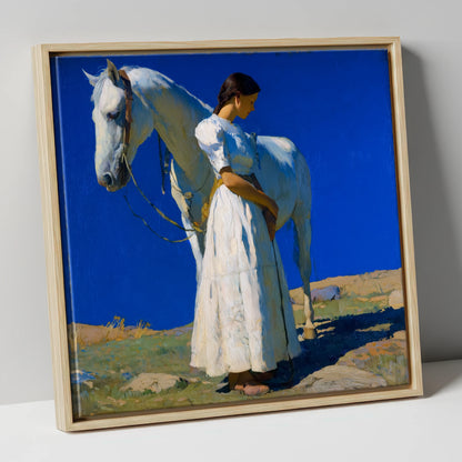 Under Azure Skies horse & rider canvas wall art in natural frame
