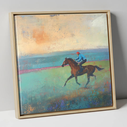 Early Morning Gallop racing horse canvas wall art in natural frame