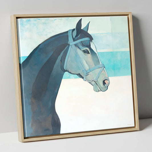 Serene Aquamarine Profile racing horse canvas wall art in natural frame