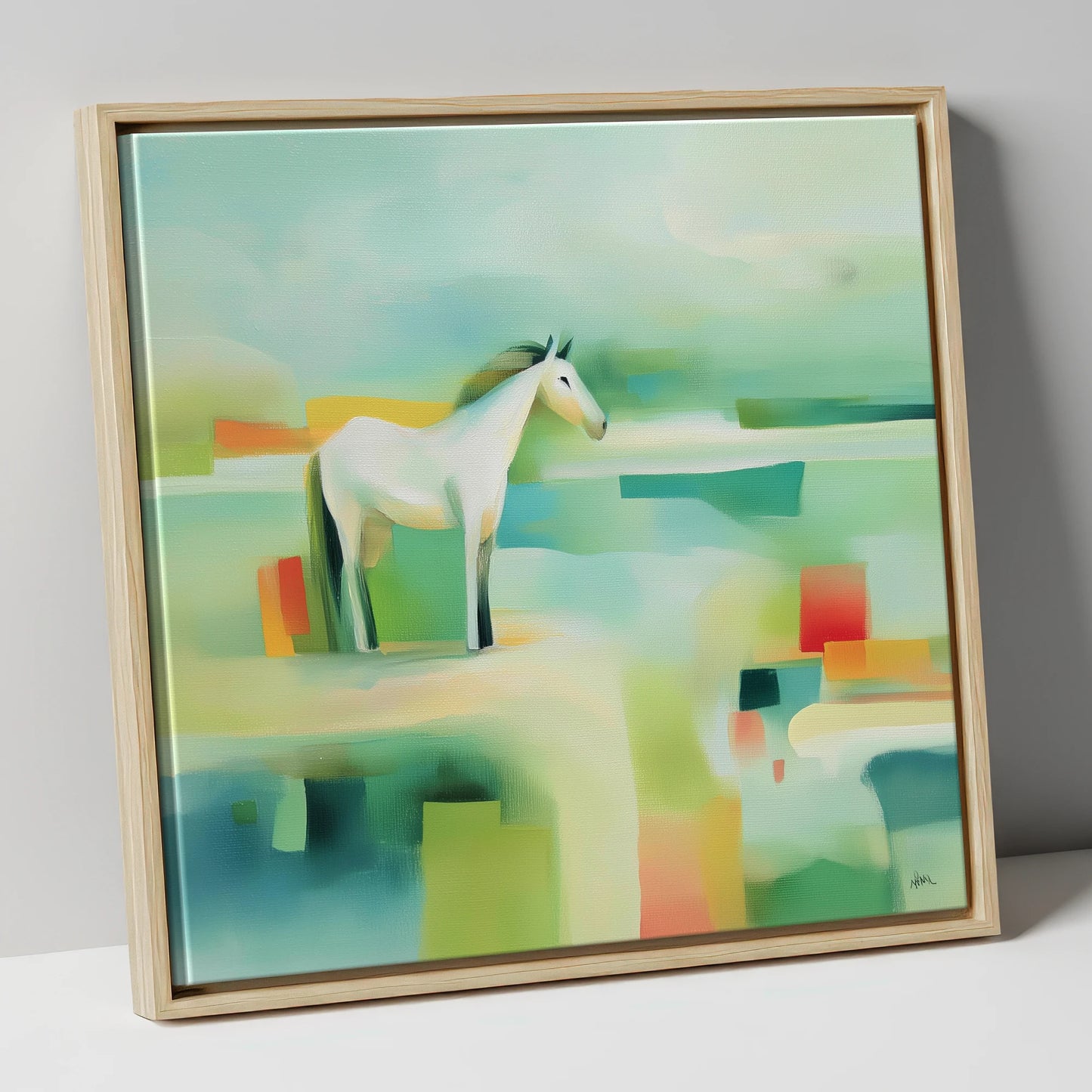Abstract Grey Harmony horse landscape canvas wall art in natural frame