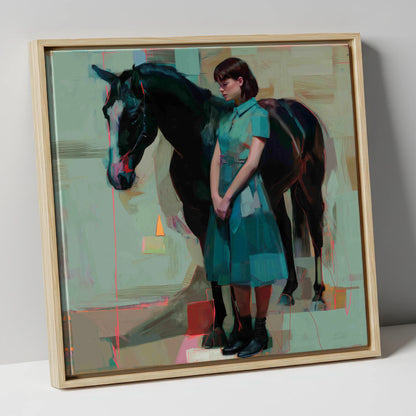 A Quiet Connection horse & rider canvas wall art in natural frame