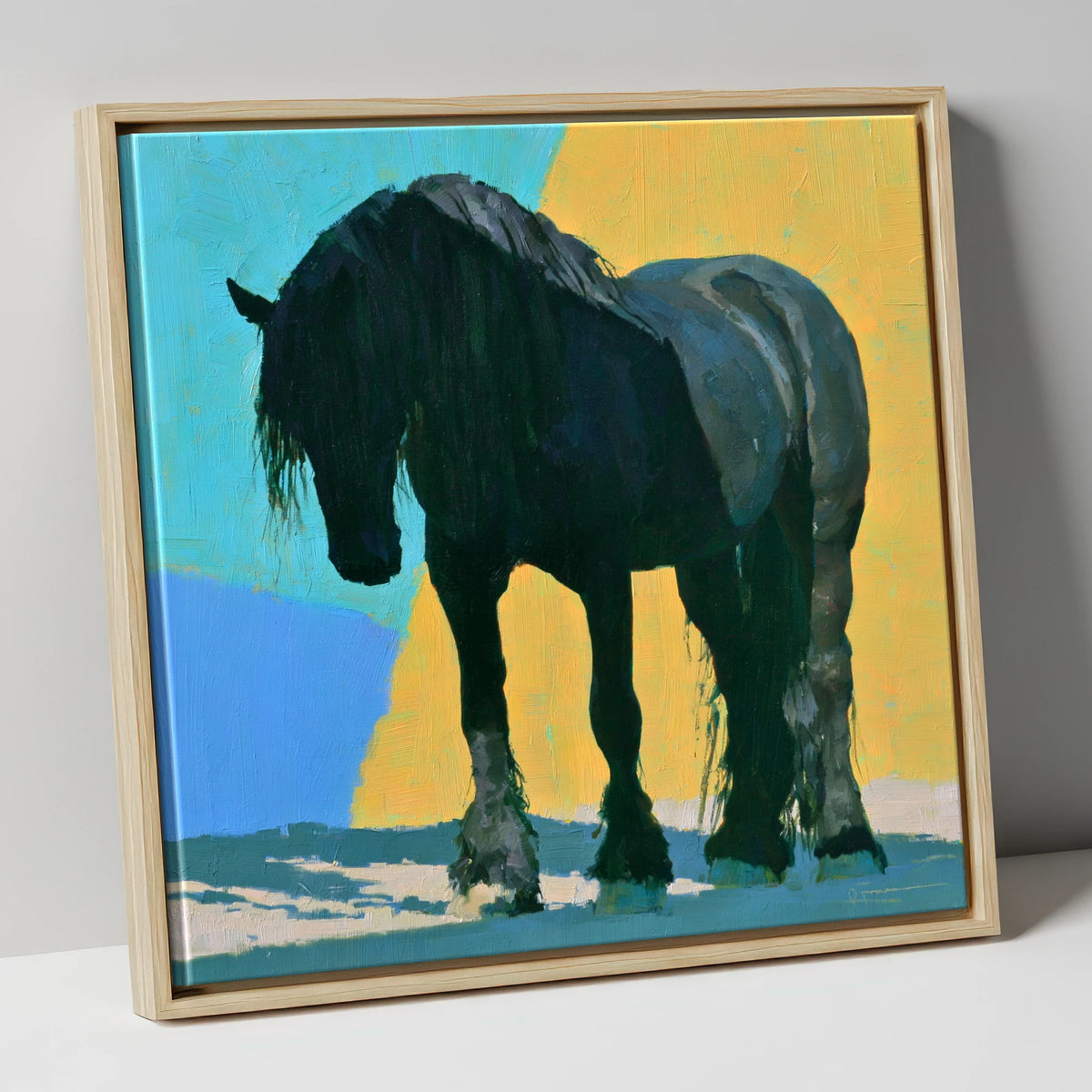 Heavy Horse Blue and Yellow horse breed canvas wall art in natural frame