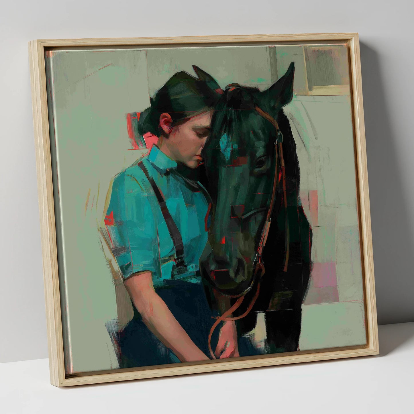 A Quiet Understanding horse & rider canvas wall art in natural frame