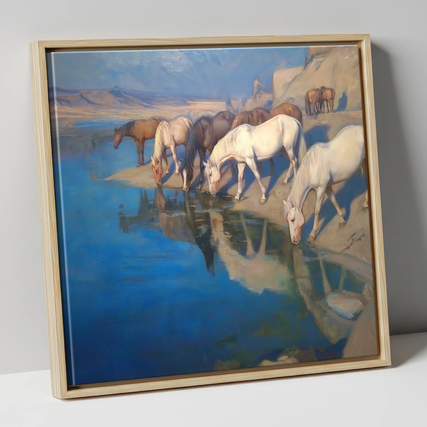 Oasis Reflections wild horses canvas wall art in natural frame