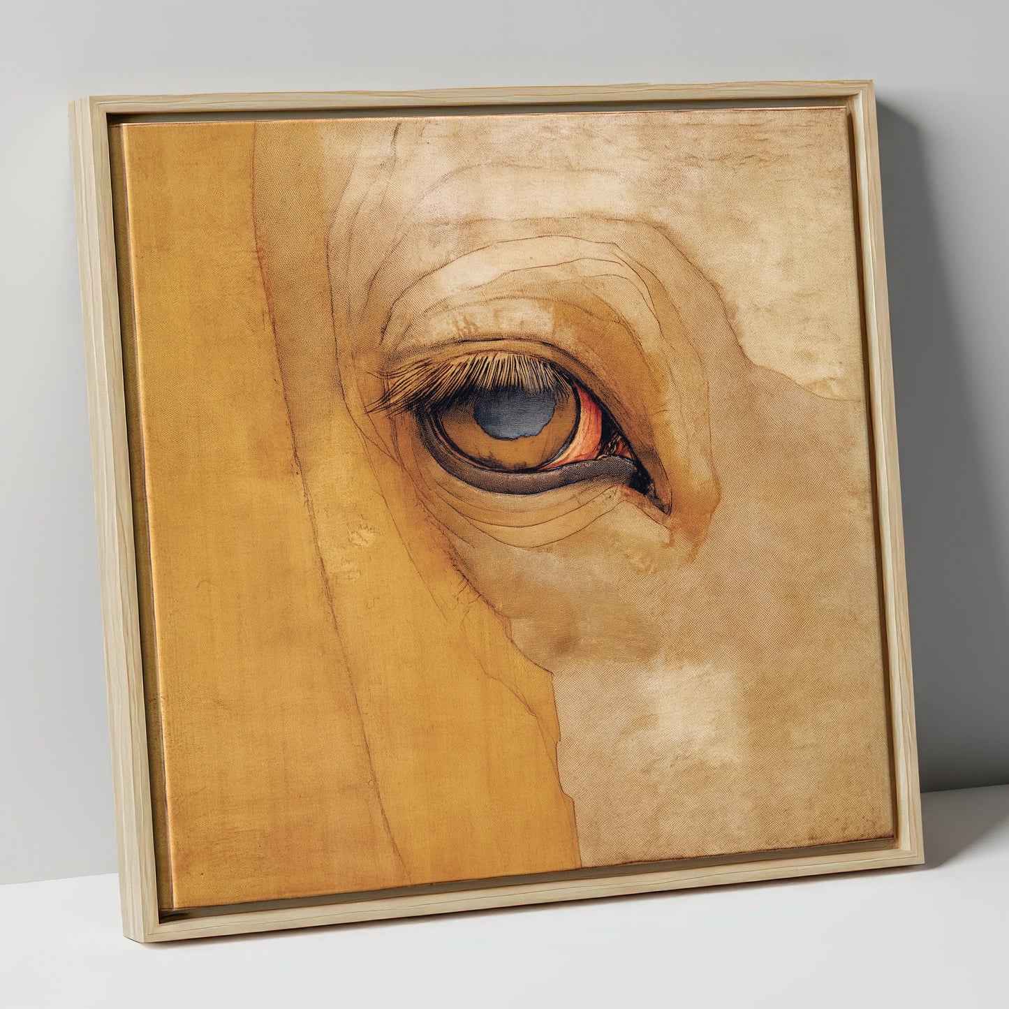 The Golden Gaze horse portrait canvas wall art in natural frame