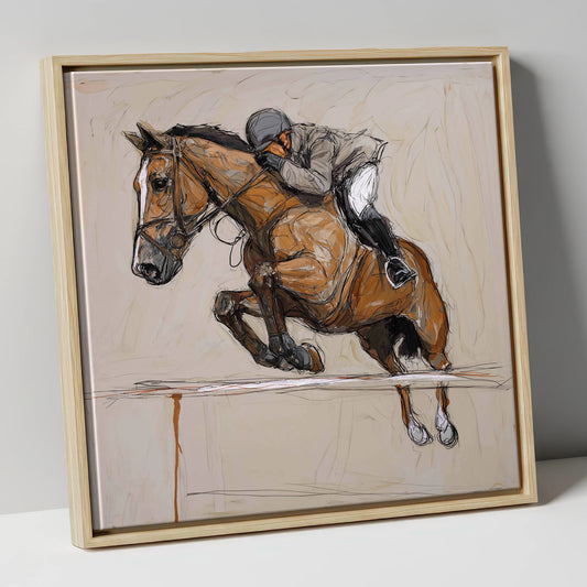 Airborne Precision show jumping horse canvas wall art in natural frame
