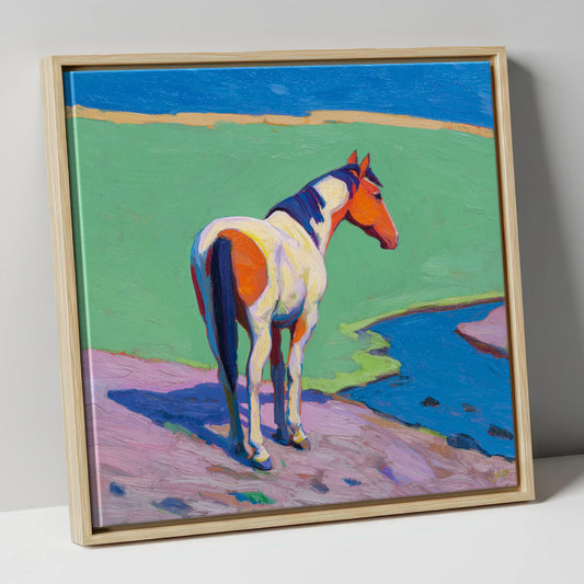 Vibrant Skewbald By The River horse breed canvas wall art in natural frame