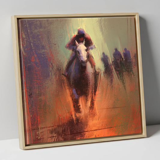 The Home Straight racing horse canvas wall art in natural frame