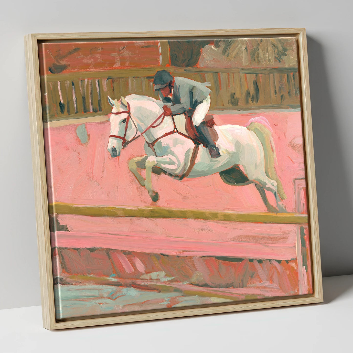 Flight in Dusty Pink show jumping horse canvas wall art in natural frame