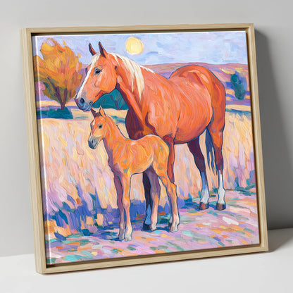 Radiant Chestnut Bond mare & foal canvas wall art in natural frame