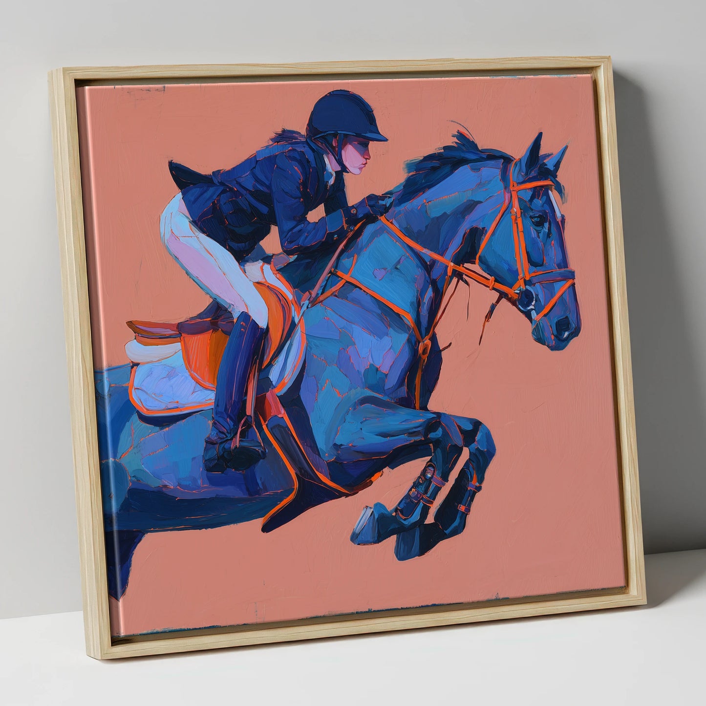 Indigo Leap show jumping horse canvas wall art in natural frame